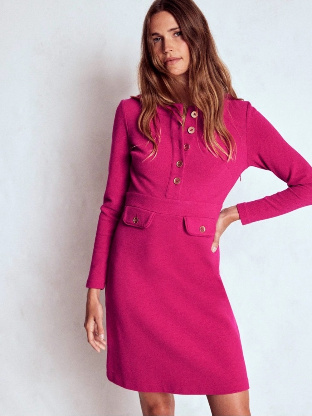 Boden Long-Sleeve Pink  Ottoman Button-Front Dress